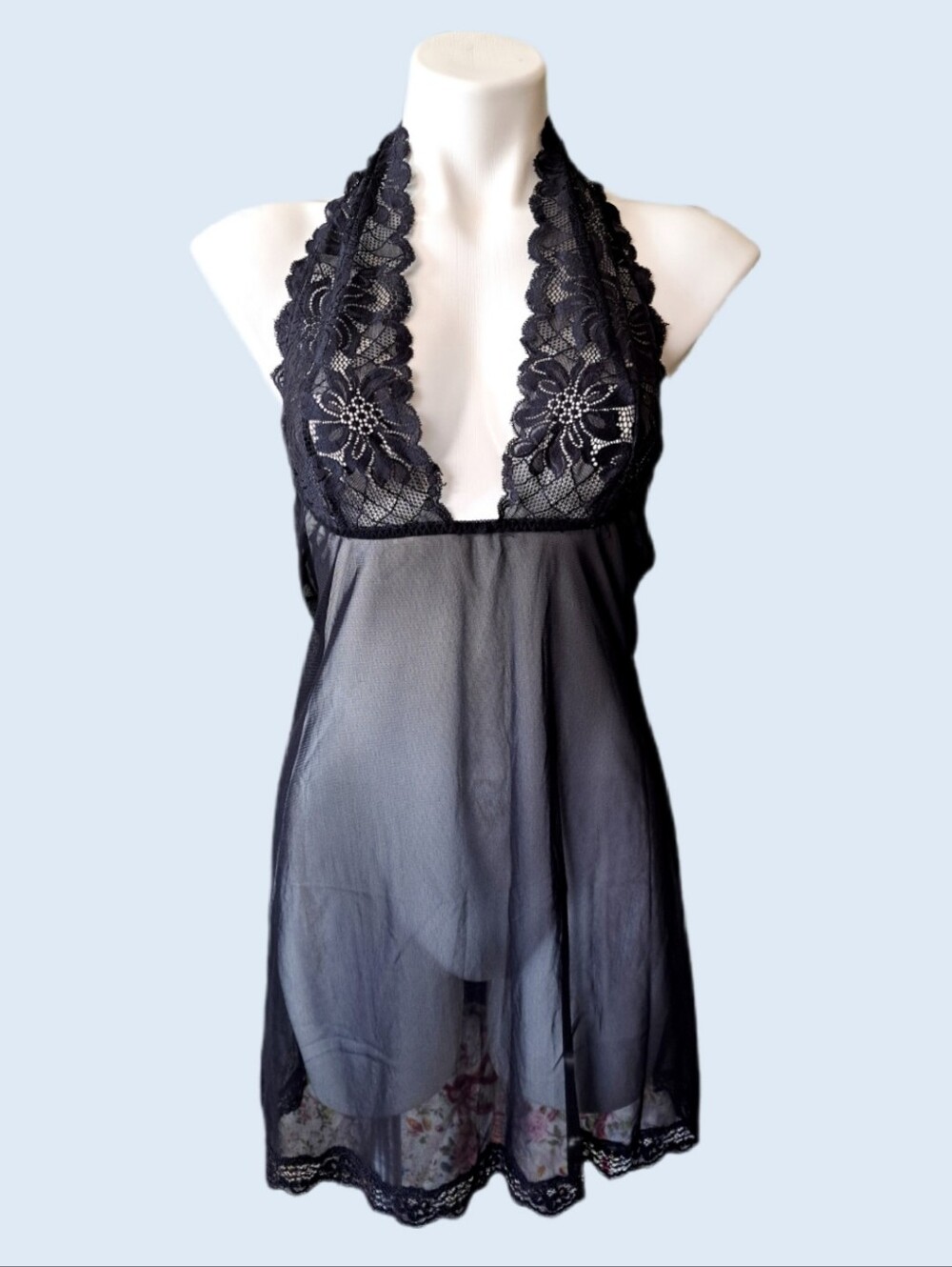 Vintage Fredericks of Hollywood Black Lace Halter Babydoll Nightgown Chemise S